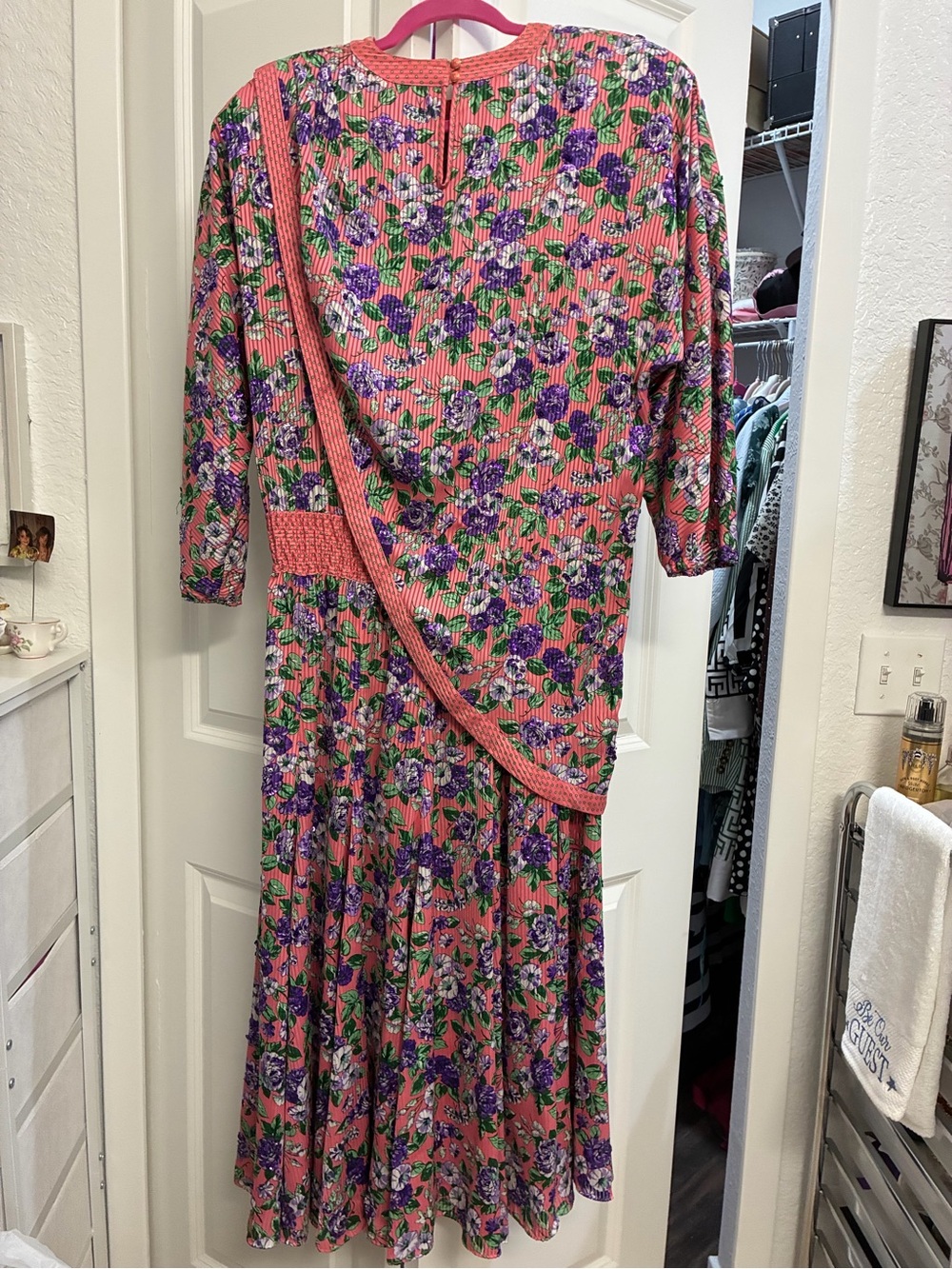 Floral Pink Midi Dress with Purple Bloom Print - Picture 6 of 10